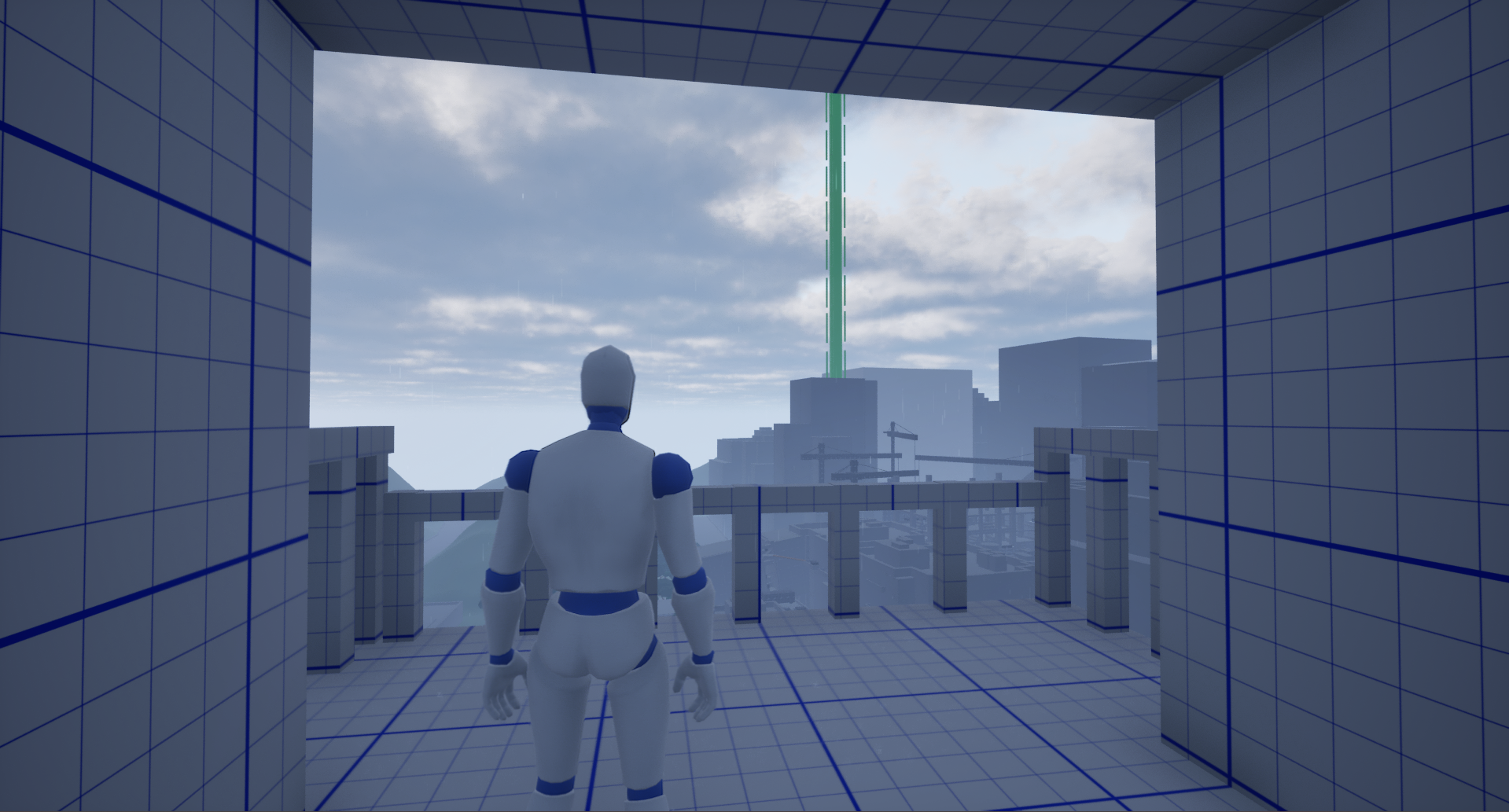 Prison balcony view with the laser visible in the distance