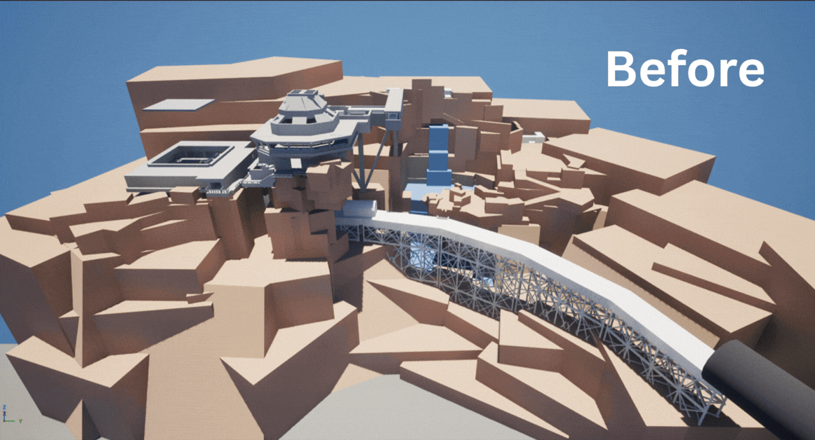 UE5 blockout of the level showing the player route and key areas