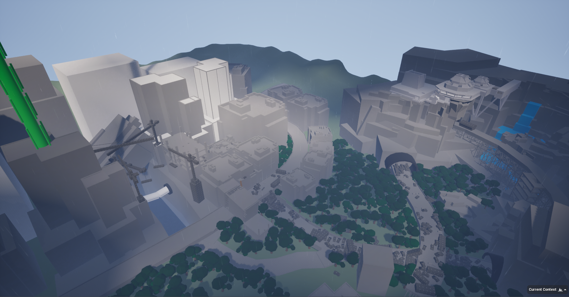 Wide aerial view of the post-apocalyptic city blockout